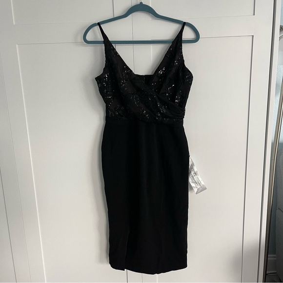 🥒 Dress the Population Giulia Black Lace Sequin Cocktail Mini Midi LBD Dress M - Picture 3 of 13